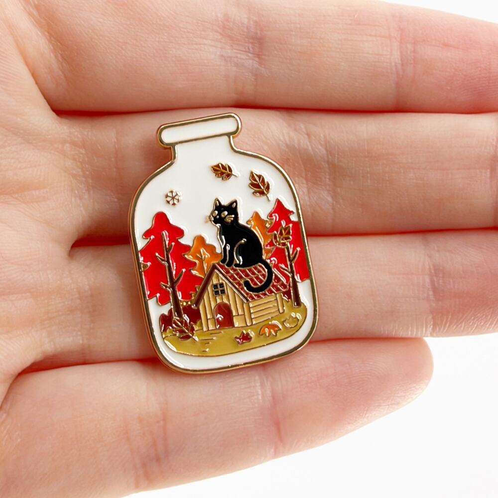 Black Cat Autumn Cottage Enamel Pin Fall Halloween Witchy